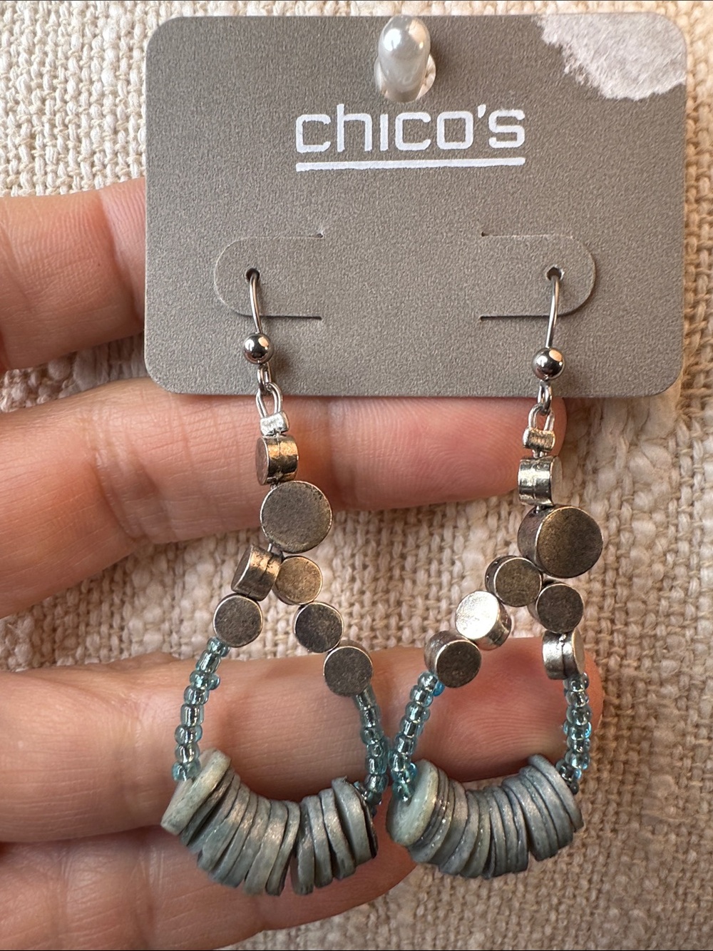 0142-Chico's Silver-Tone Beaded Hoop Earrings with Teal Discs